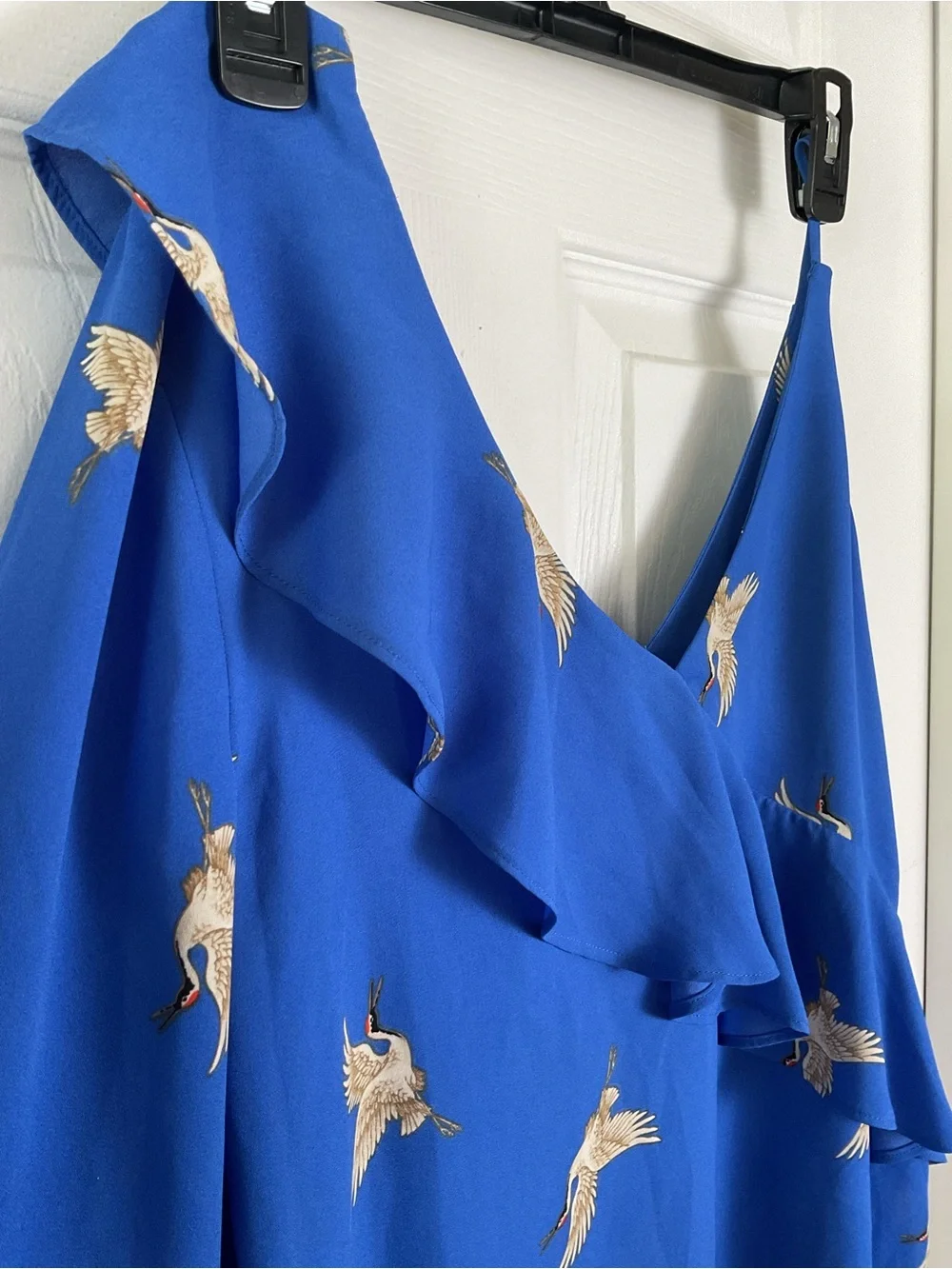 Belle Sky Womens Blue Crane Print One Shoulder Ruffle Blouse Size M - Picture 6 of 8
